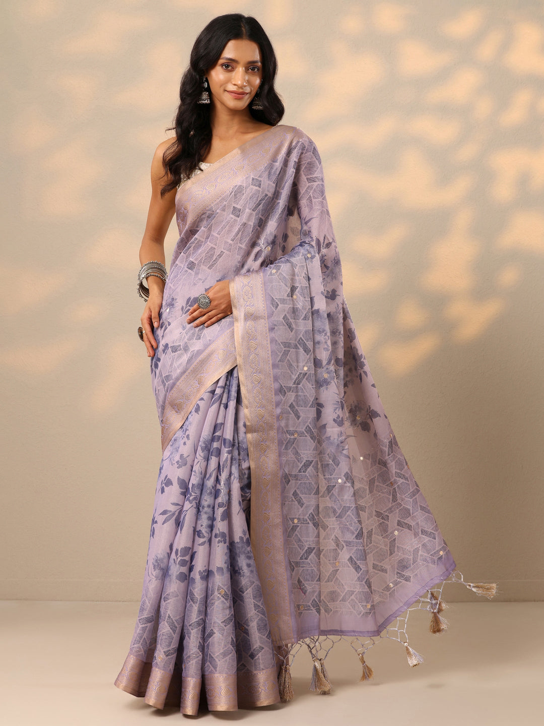 Lavender Printed Silk blend Saree With Unstitched Blouse Piece