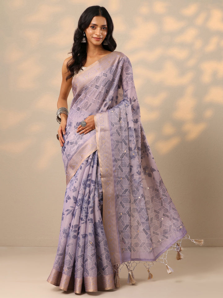 Lavender Printed Silk blend Saree With Unstitched Blouse Piece