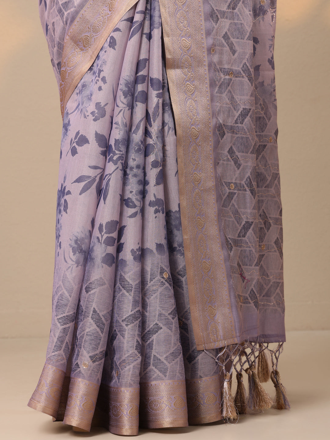 Lavender Printed Silk blend Saree With Unstitched Blouse Piece