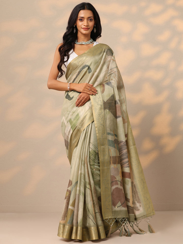 Green Printed Silk blend Saree With Unstitched Blouse Piece