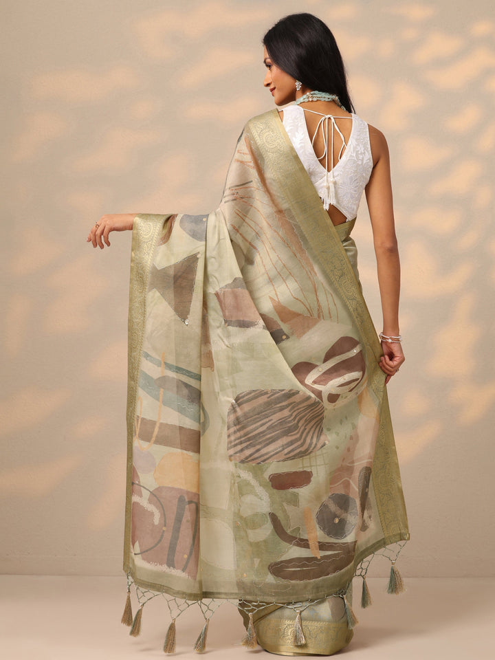 Green Printed Silk blend Saree With Unstitched Blouse Piece