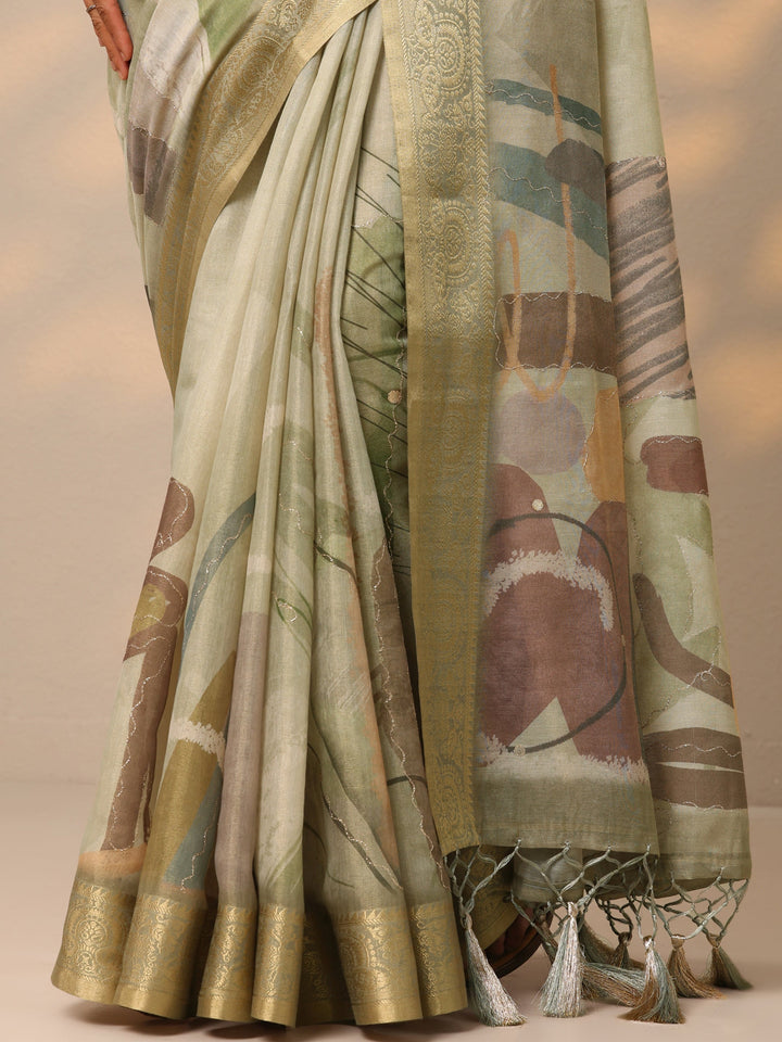 Green Printed Silk blend Saree With Unstitched Blouse Piece