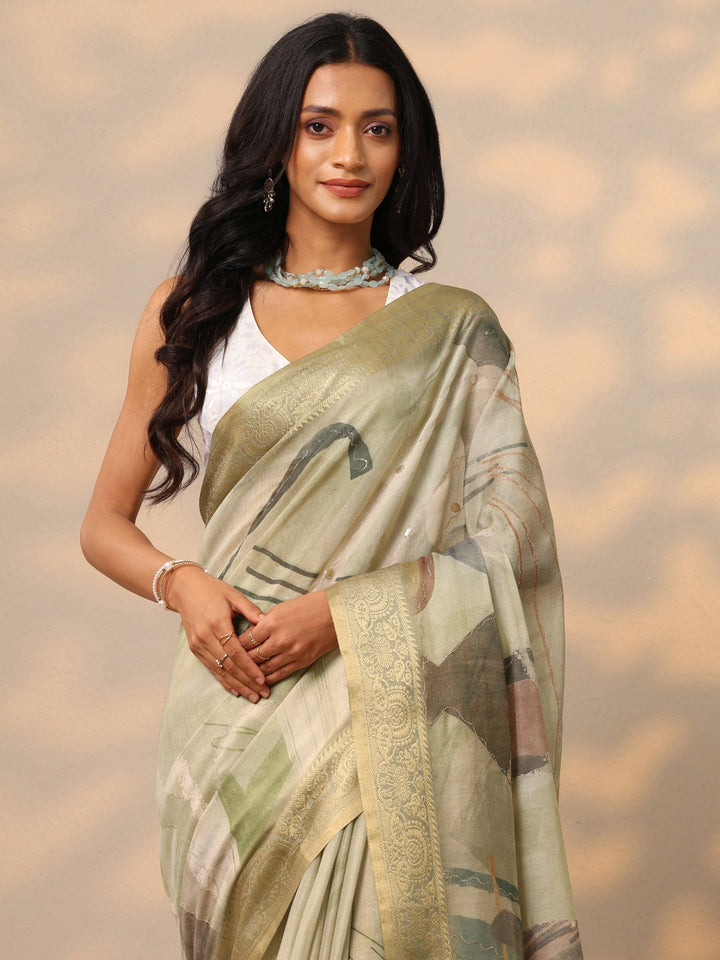 Green Printed Silk blend Saree With Unstitched Blouse Piece