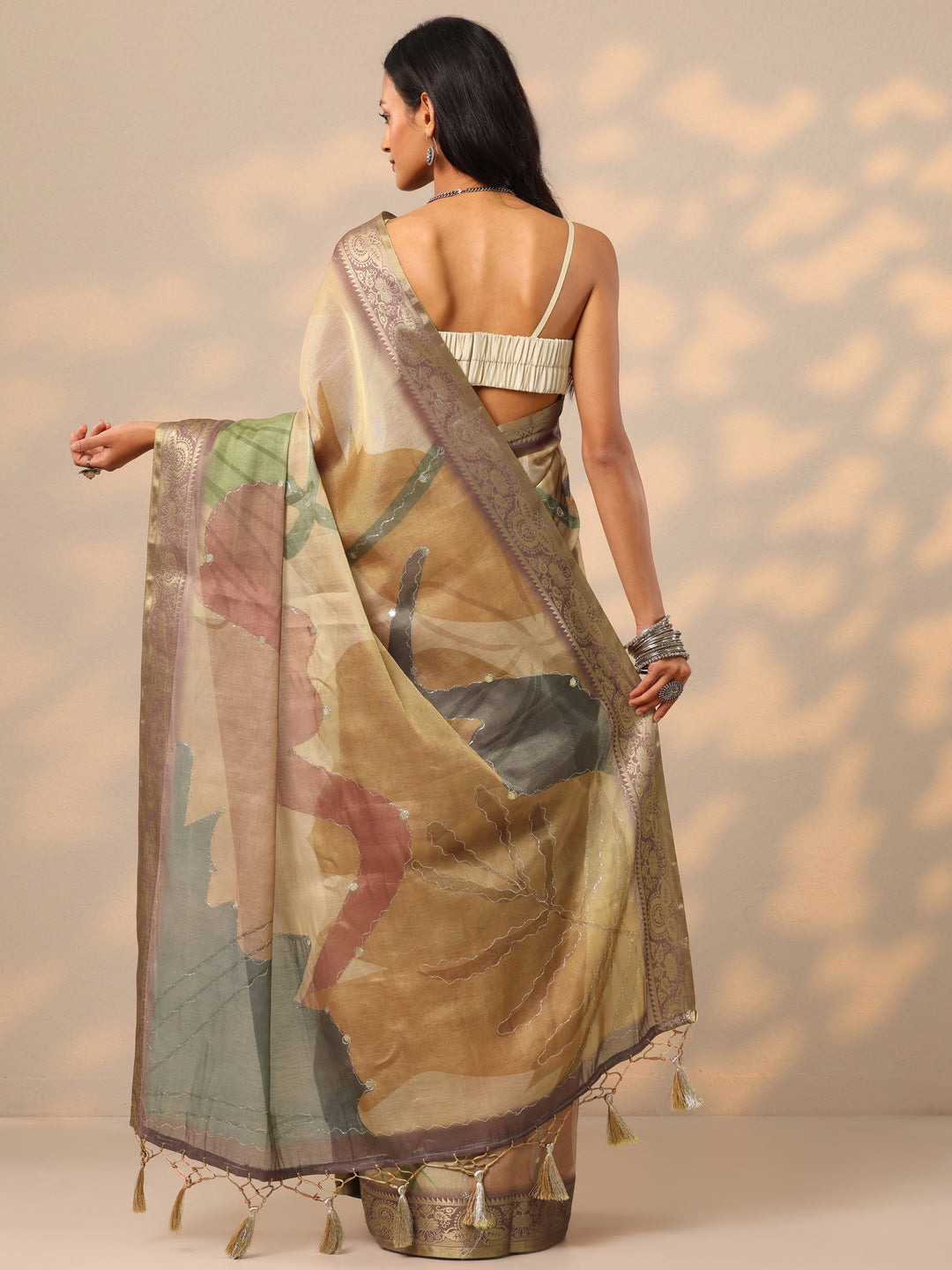 Tan Printed Silk blend Saree With Unstitched Blouse Piece