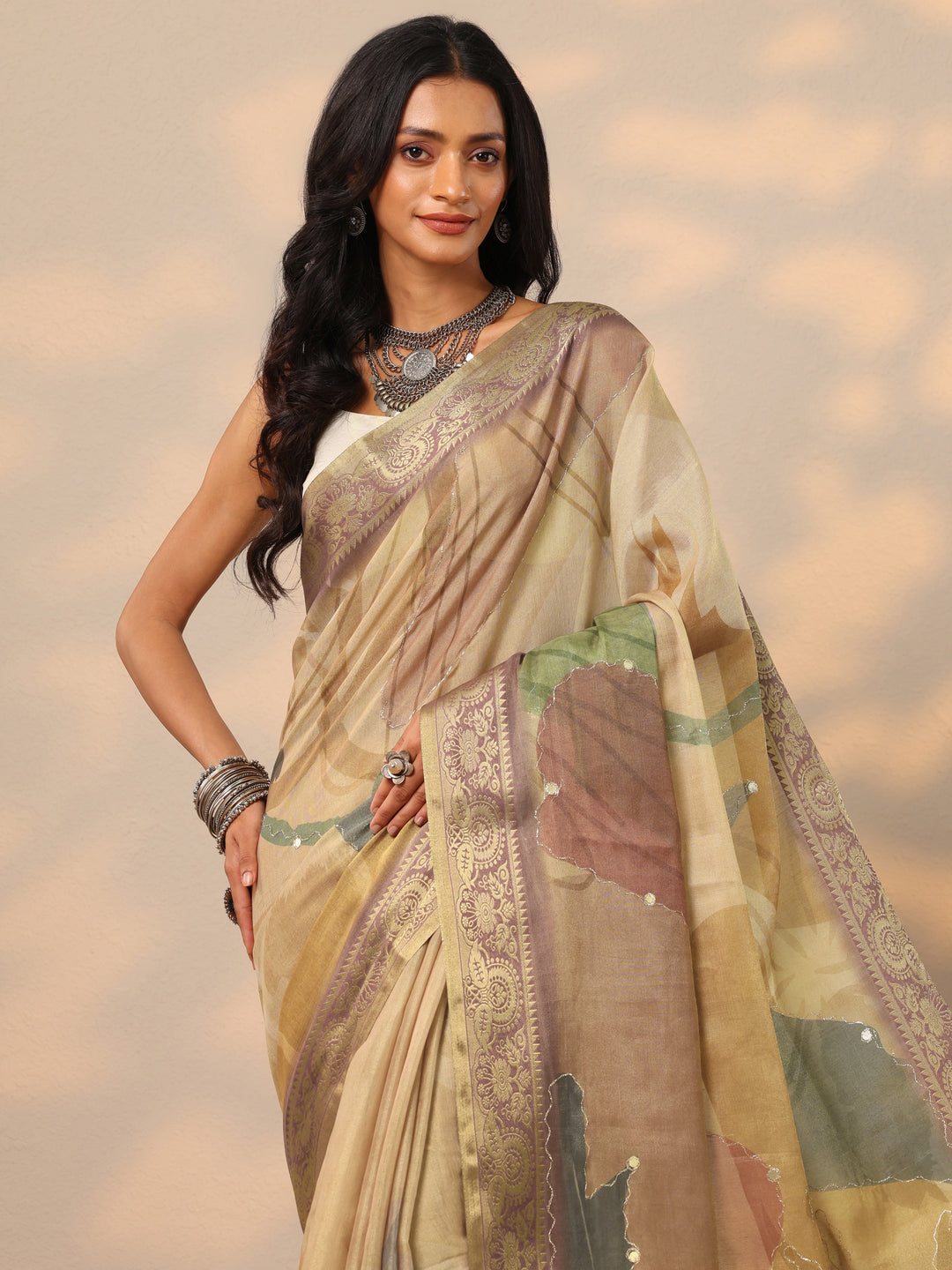 Tan Printed Silk blend Saree With Unstitched Blouse Piece