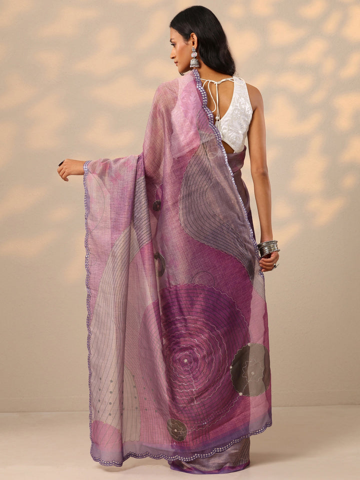 Lavender Printed Silk blend Saree With Unstitched Blouse Piece