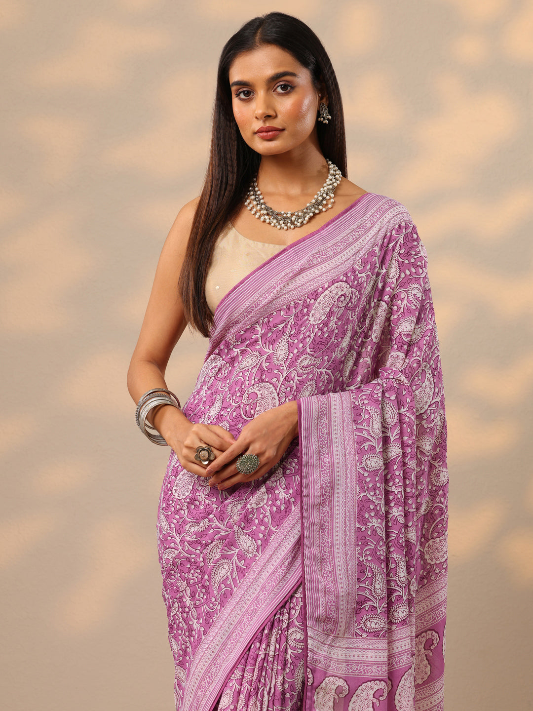 Pink Printed Georgette Saree With Unstitched Blouse Piece