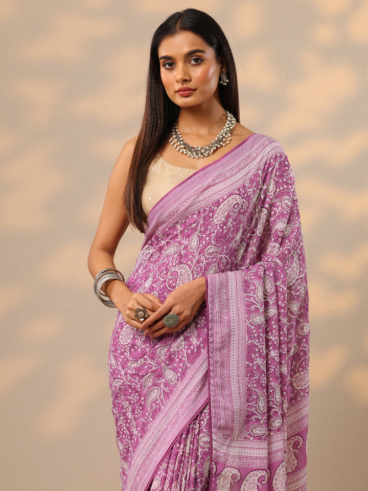 Pink Printed Georgette Saree With Unstitched Blouse Piece