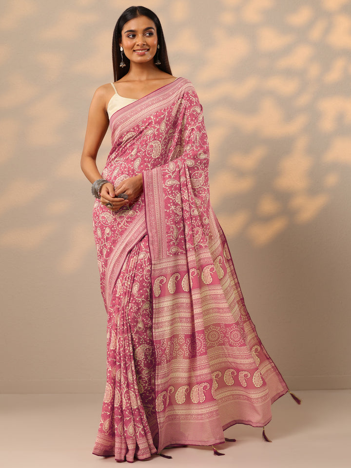 Peach Printed Georgette Saree With Unstitched Blouse Piece