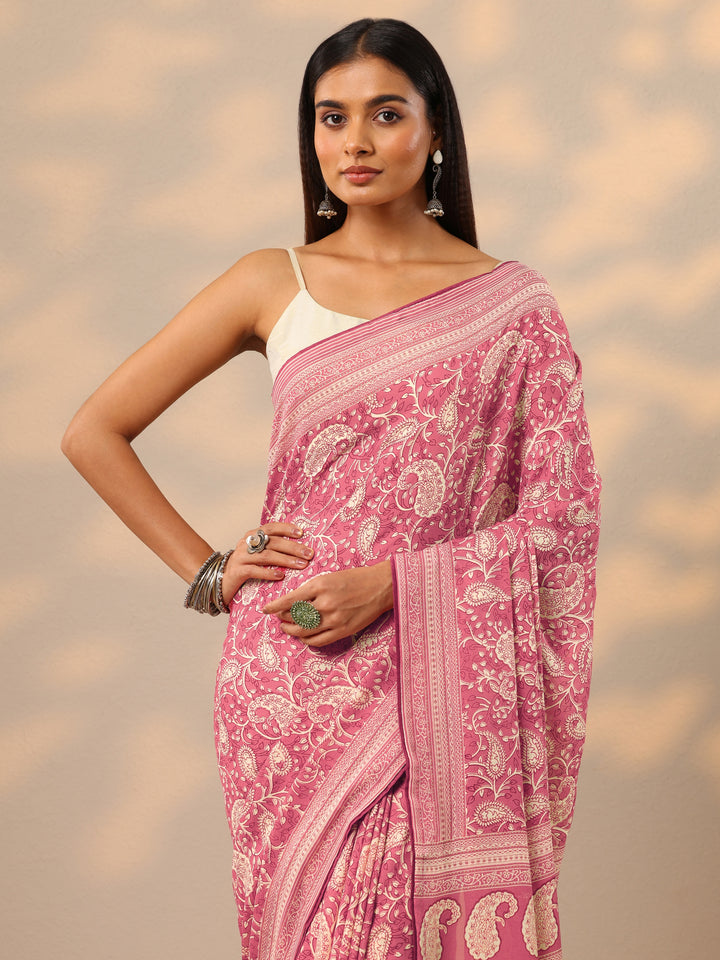 Peach Printed Georgette Saree With Unstitched Blouse Piece