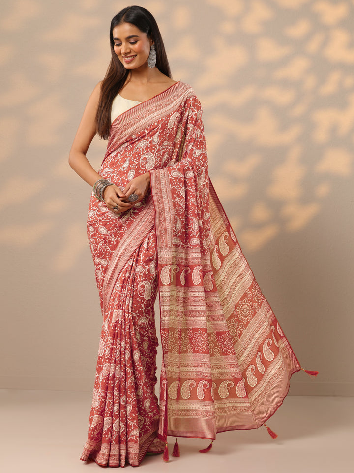 Orange Printed Georgette Saree With Unstitched Blouse Piece