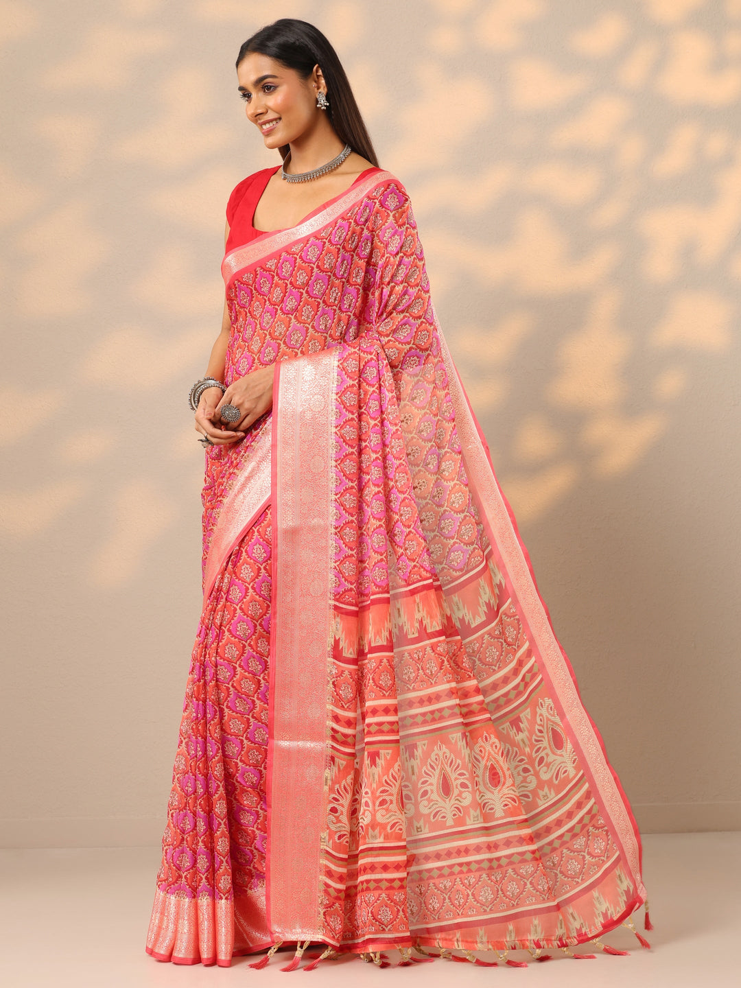 Orange Printed Banarasi Georgette Saree With Unstitched Blouse Piece