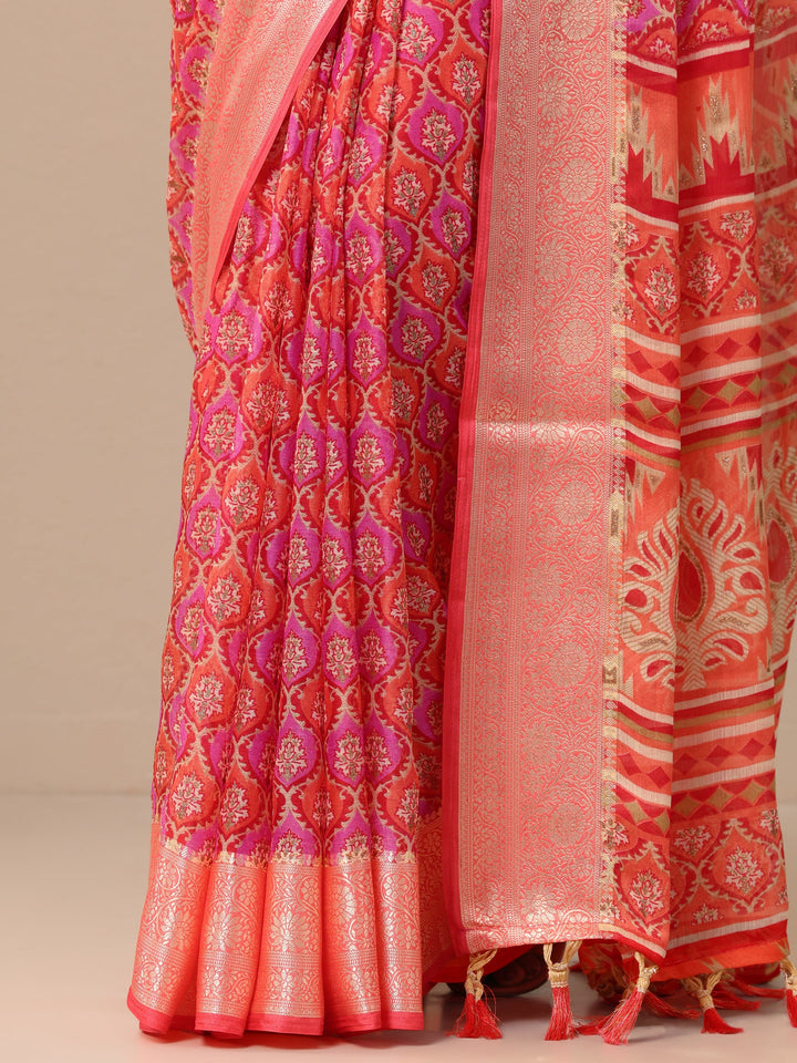 Orange Printed Banarasi Georgette Saree With Unstitched Blouse Piece