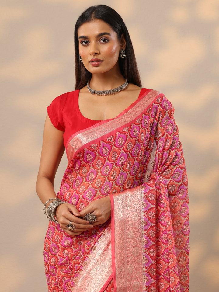 Orange Printed Banarasi Georgette Saree With Unstitched Blouse Piece