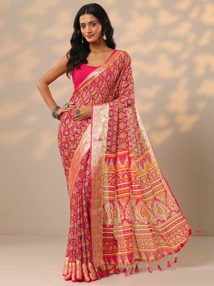Magenta Printed Banarasi Georgette Saree With Unstitched Blouse Piece
