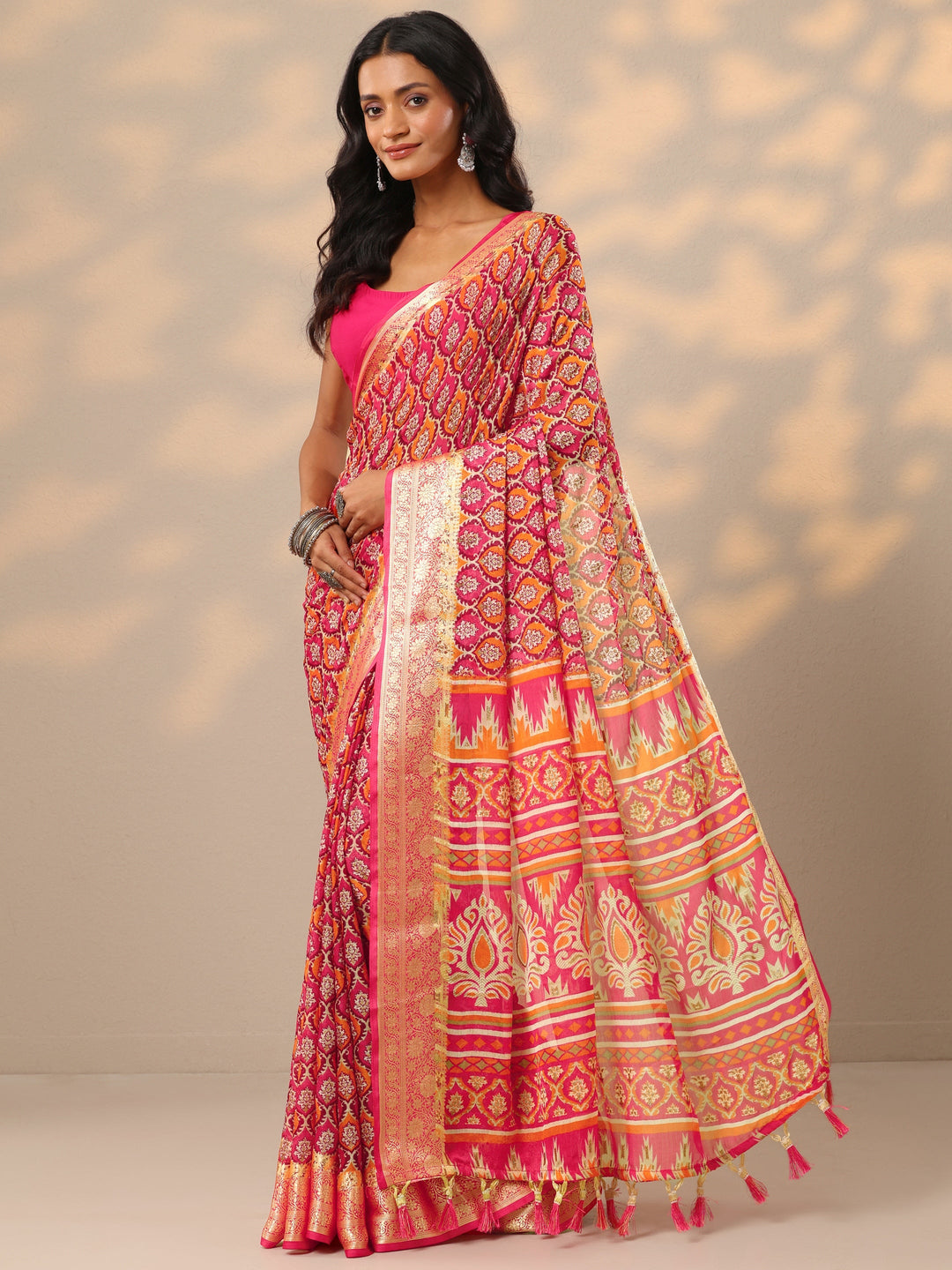 Magenta Printed Banarasi Georgette Saree With Unstitched Blouse Piece