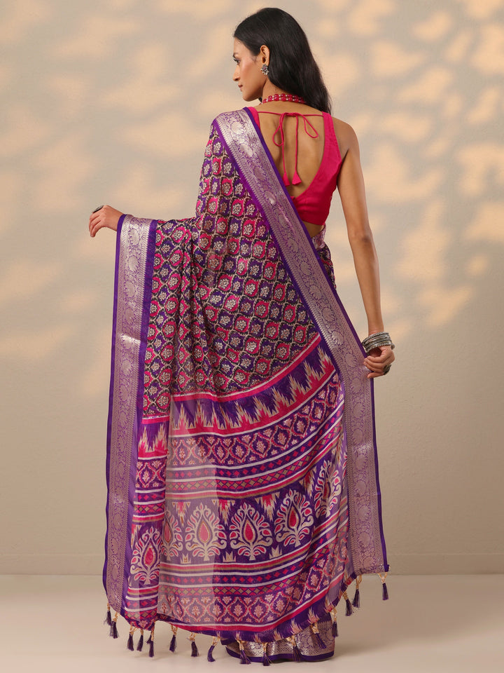 Purple Printed Georgette Saree With Unstitched Blouse Piece