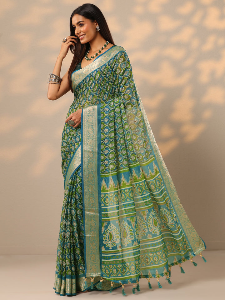 Teal Printed Georgette Saree With Unstitched Blouse Piece