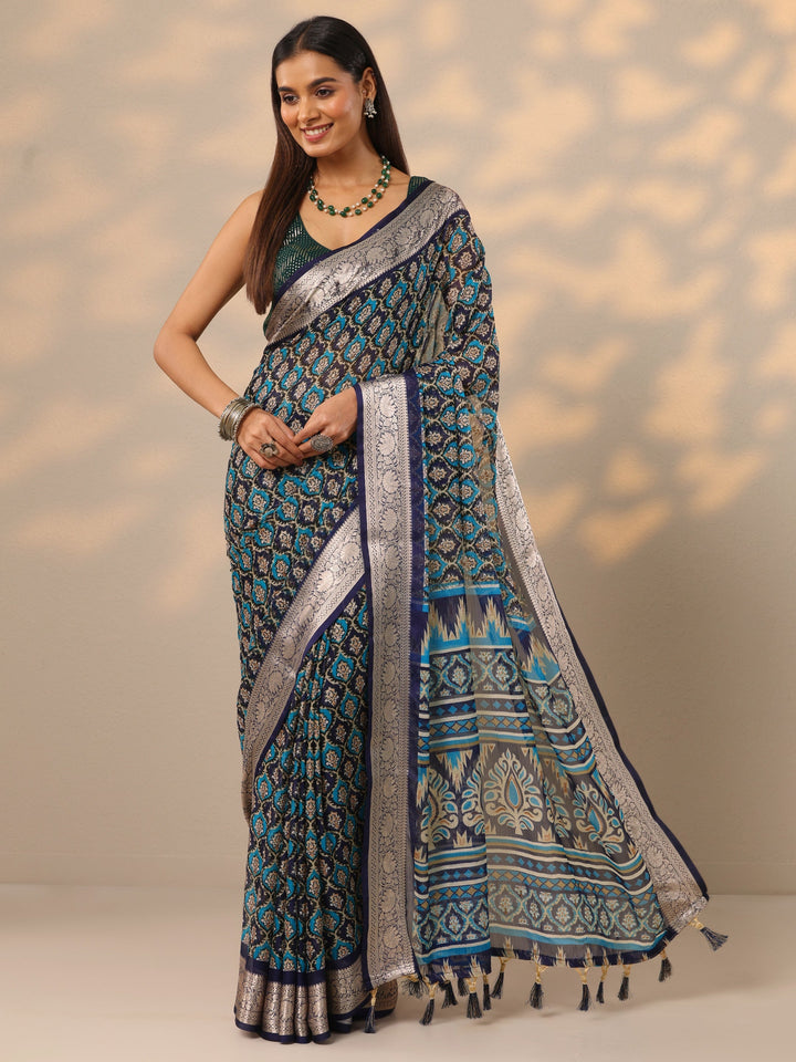 Blue Printed Banarasi Georgette Saree With Unstitched Blouse Piece