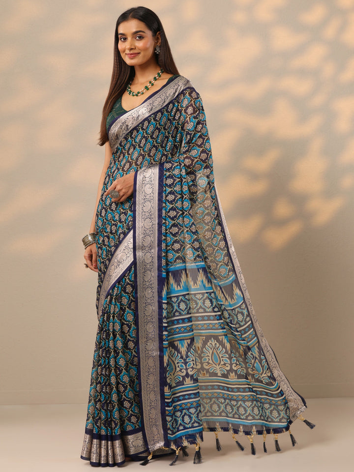 Blue Printed Banarasi Georgette Saree With Unstitched Blouse Piece