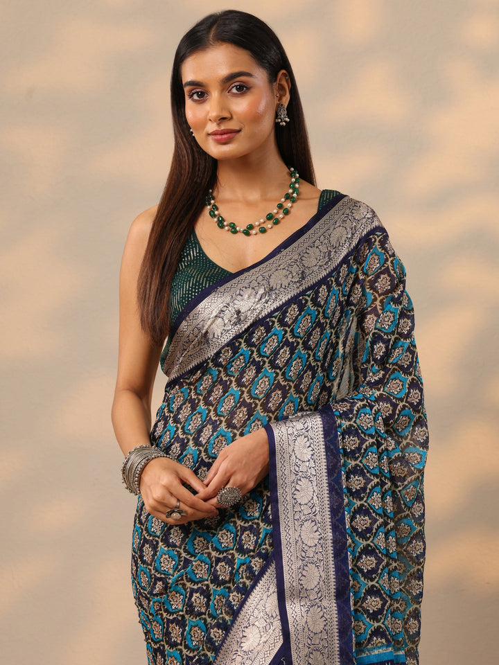 Blue Printed Banarasi Georgette Saree With Unstitched Blouse Piece