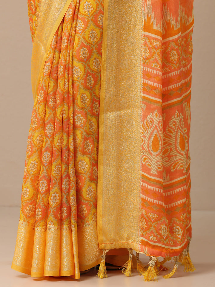 Yellow Printed Georgette Saree With Unstitched Blouse Piece