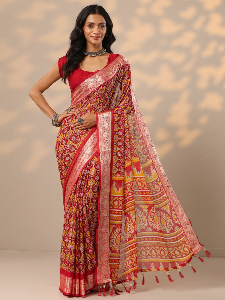 Red Printed Banarasi Georgette Saree With Unstitched Blouse Piece