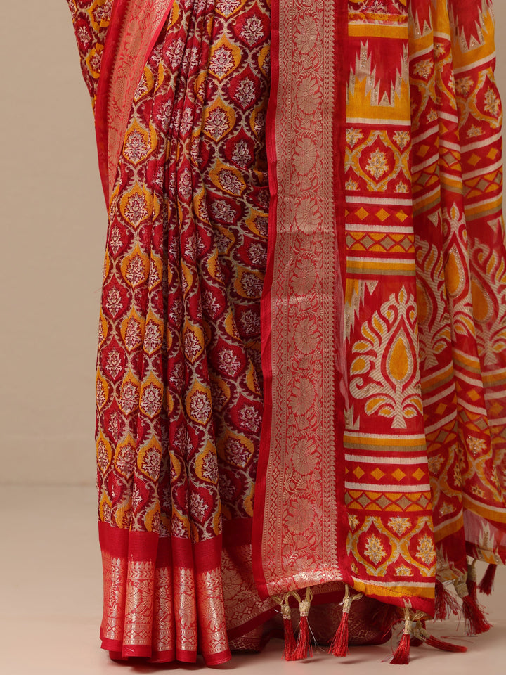 Red Printed Banarasi Georgette Saree With Unstitched Blouse Piece