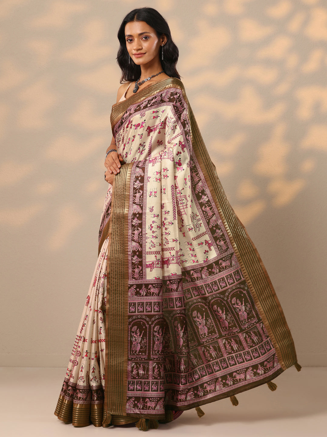 Beige Printed Baluchari Silk blend Saree With Unstitched Blouse Piece