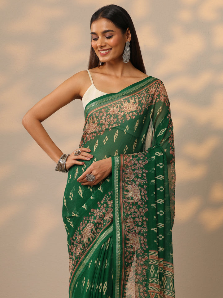 Green Printed Chiffon Saree With Unstitched Blouse Piece