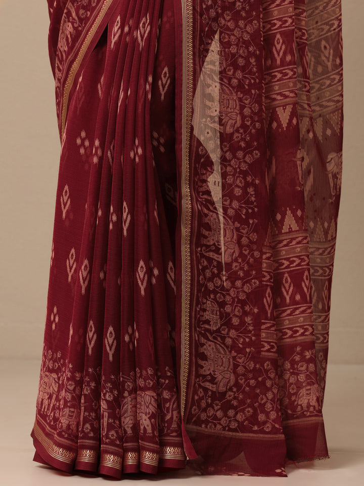 Maroon Printed Chiffon Saree With Unstitched Blouse Piece