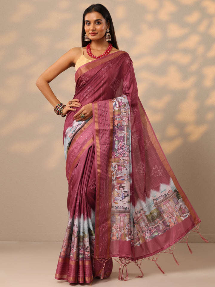 Coral  Printed Silk blend Saree With Unstitched Blouse Piece