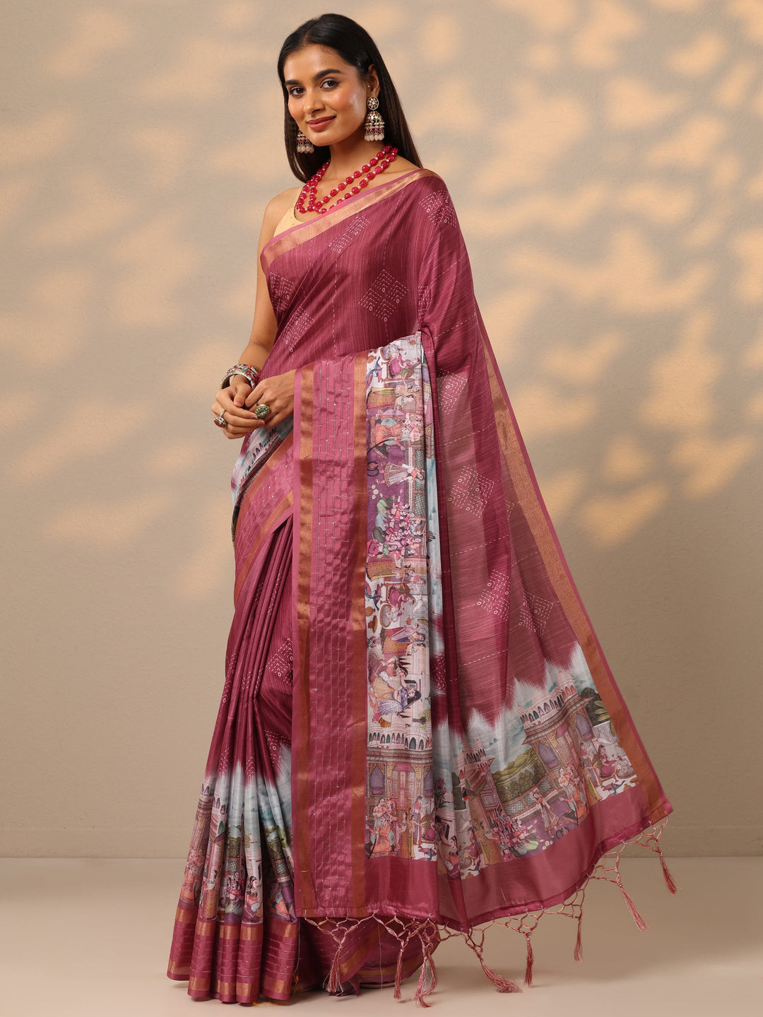 Coral  Printed Silk blend Saree With Unstitched Blouse Piece