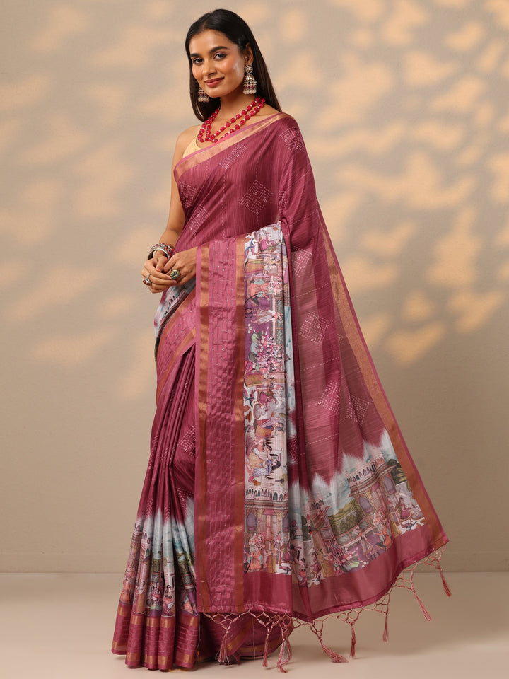 Coral  Printed Silk blend Saree With Unstitched Blouse Piece