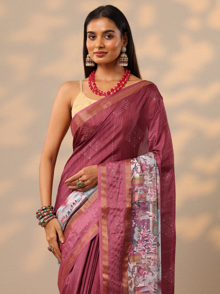 Coral  Printed Silk blend Saree With Unstitched Blouse Piece