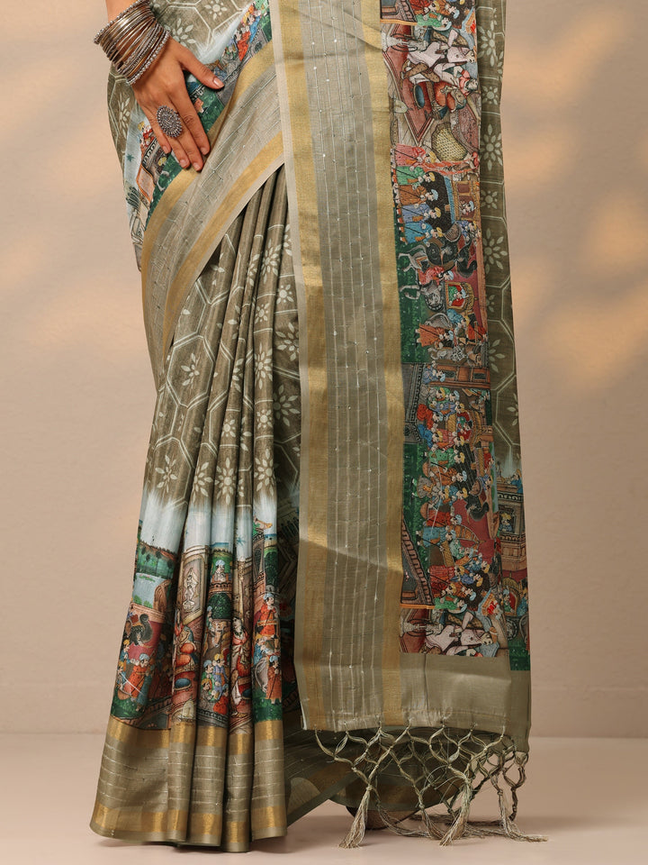 Beige  Printed Silk blend Saree With Unstitched Blouse Piece