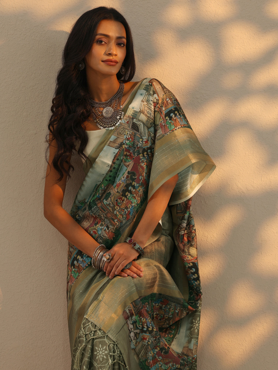 Beige  Printed Silk blend Saree With Unstitched Blouse Piece