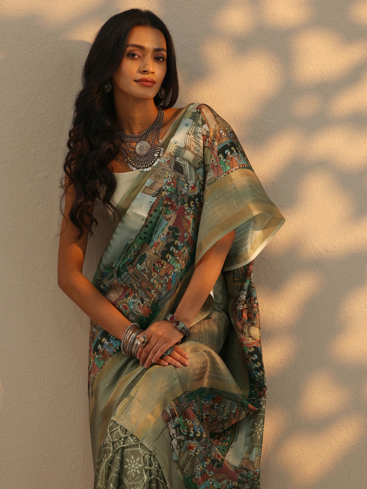 Beige  Printed Silk blend Saree With Unstitched Blouse Piece
