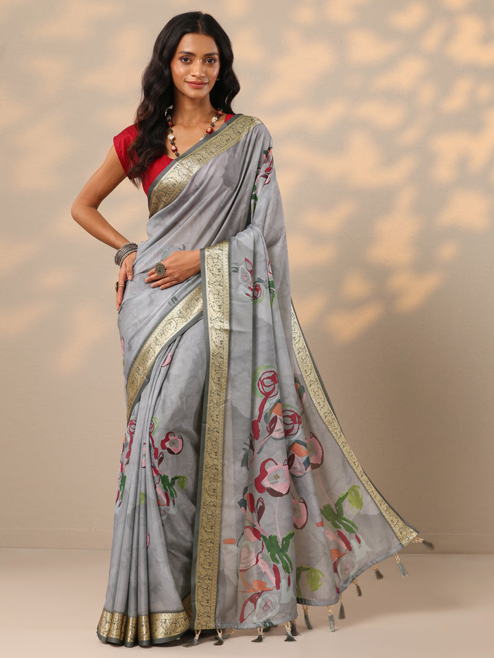 Grey Printed Crepe Saree With Unstitched Blouse Piece