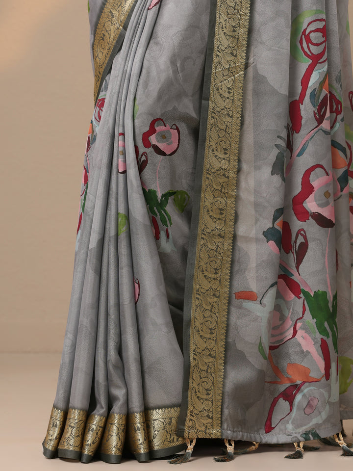 Grey Printed Crepe Saree With Unstitched Blouse Piece