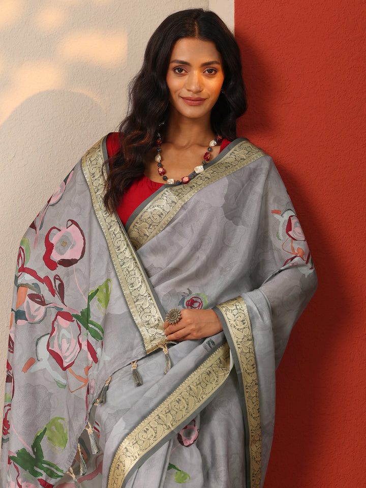 Grey Printed Crepe Saree With Unstitched Blouse Piece