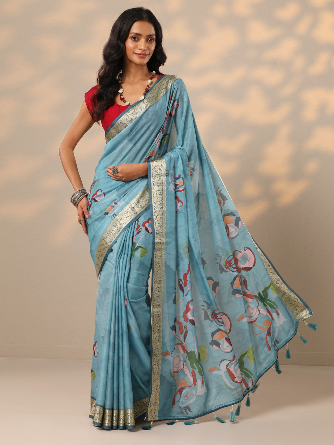 Blue Printed Crepe Saree With Unstitched Blouse Piece