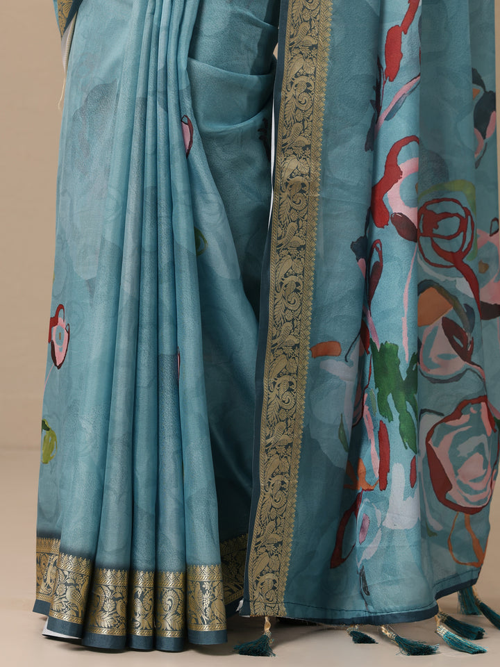 Blue Printed Crepe Saree With Unstitched Blouse Piece