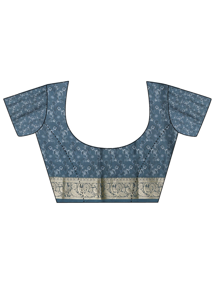 Blue Printed Crepe Saree With Unstitched Blouse Piece