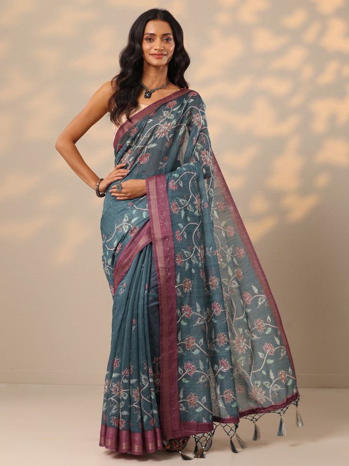 Blue Printed cotton blend Saree With Unstitched Blouse Piece