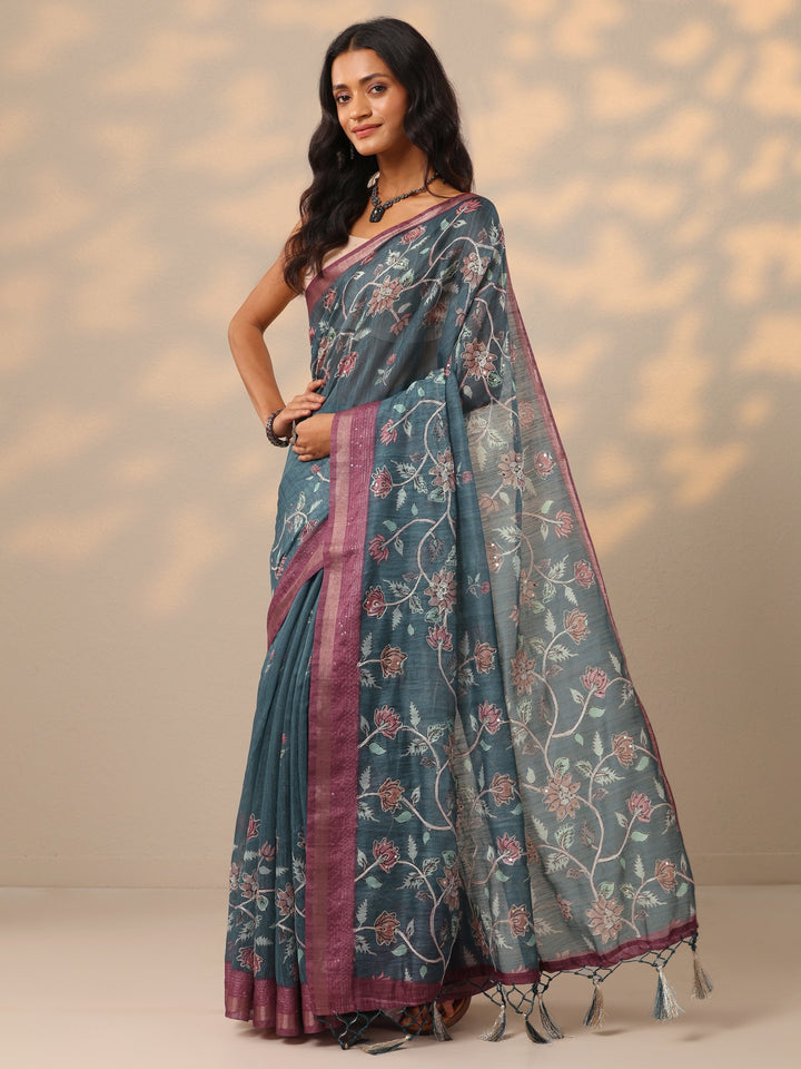 Blue Printed cotton blend Saree With Unstitched Blouse Piece