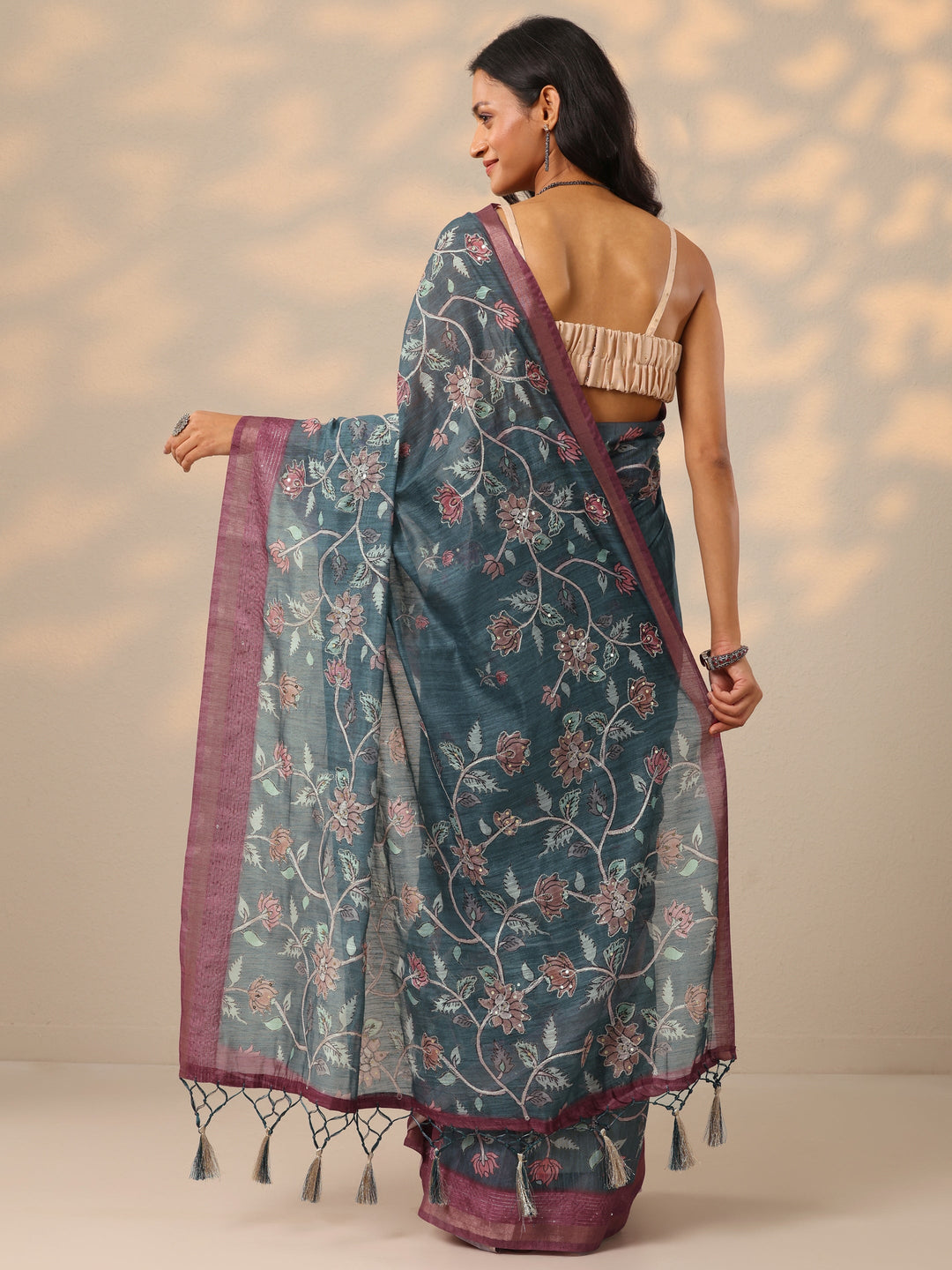 Blue Printed cotton blend Saree With Unstitched Blouse Piece