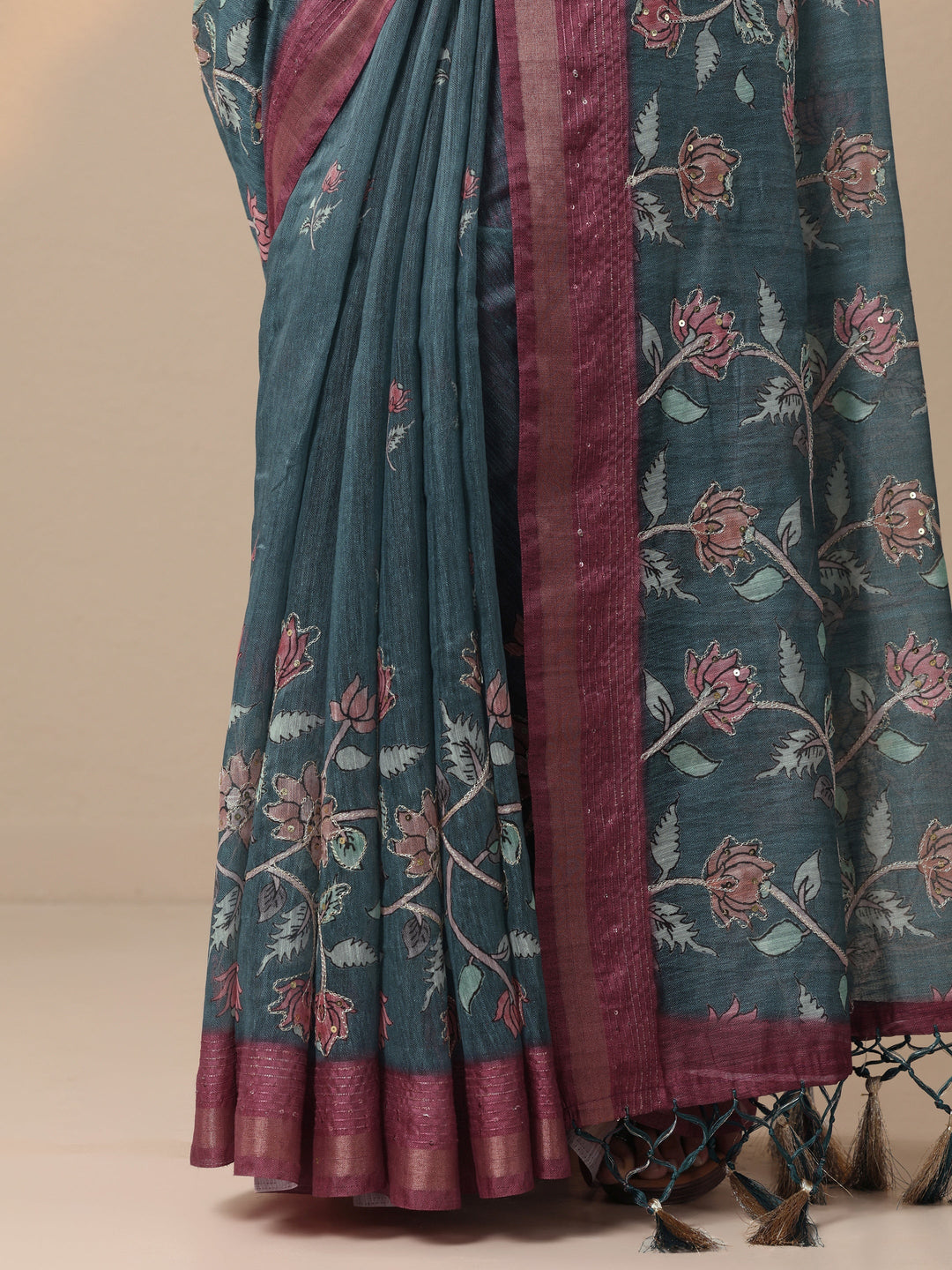 Blue Printed cotton blend Saree With Unstitched Blouse Piece