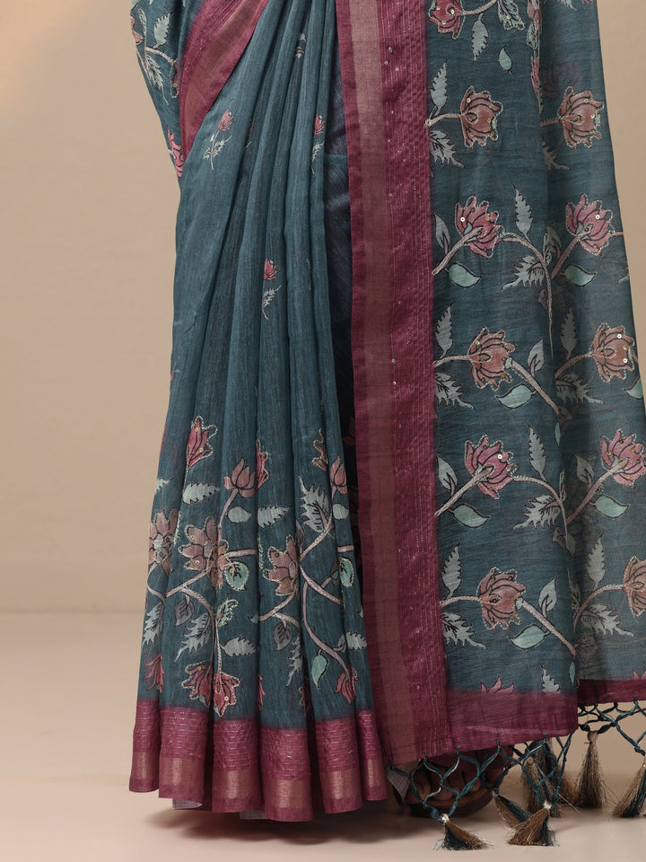 Blue Printed cotton blend Saree With Unstitched Blouse Piece