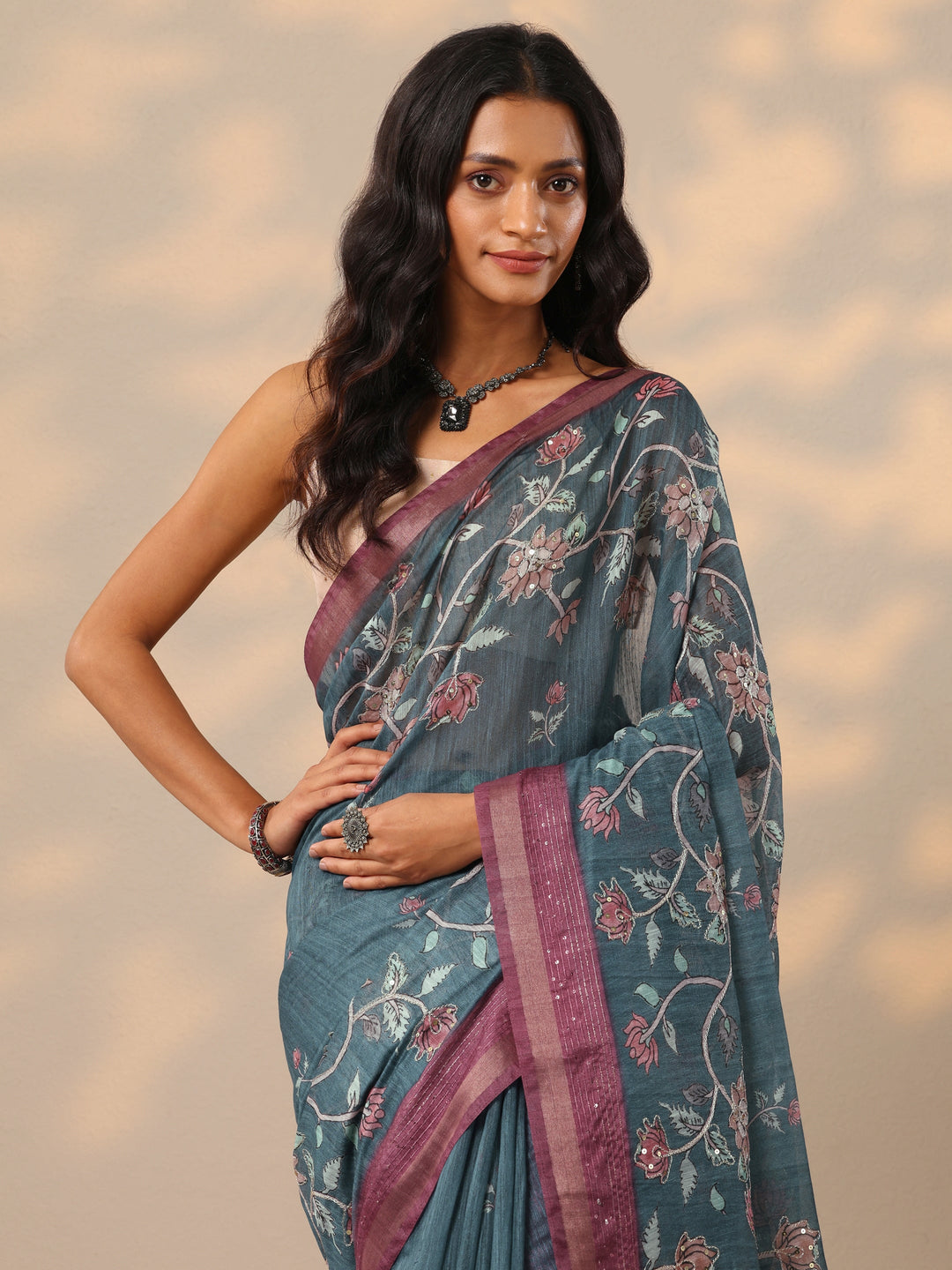 Blue Printed cotton blend Saree With Unstitched Blouse Piece